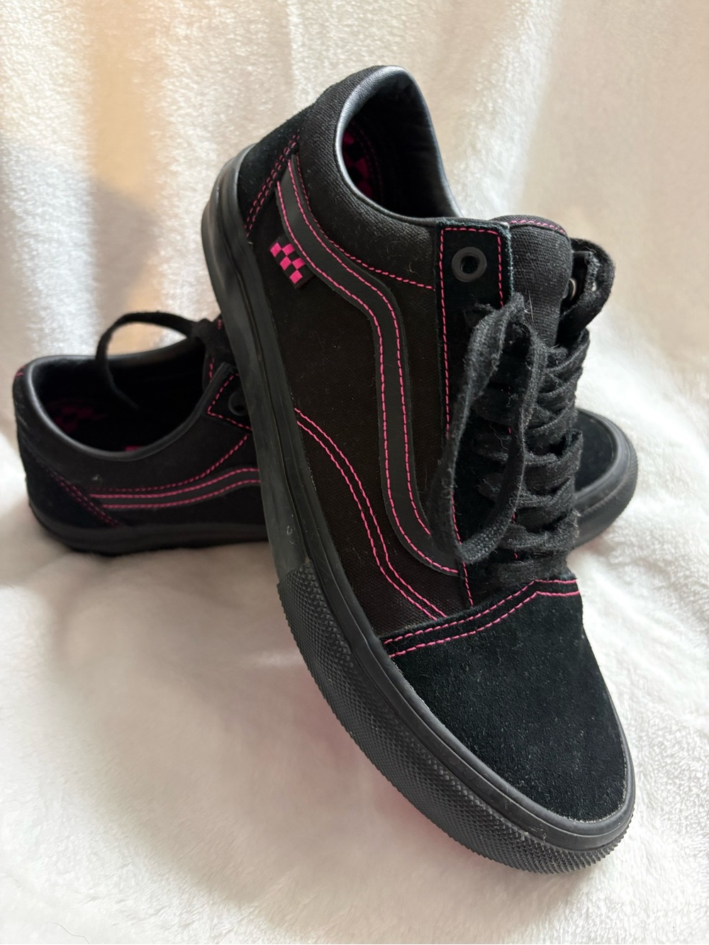 Vans Black Skate Sneakers with Pink Stitching and Checker Detail